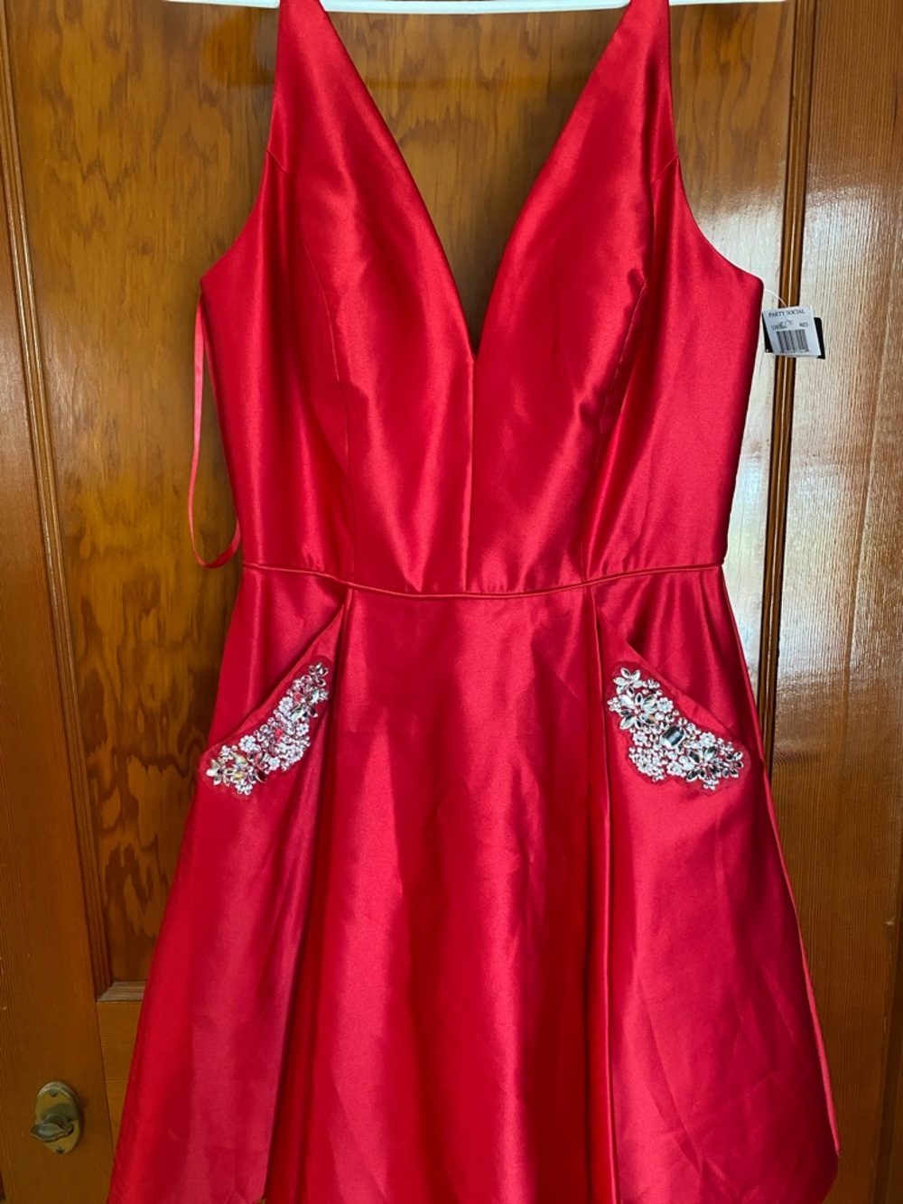 Stacy Sklar Red Satin V-Neck Prom Dress with Embellished Pockets